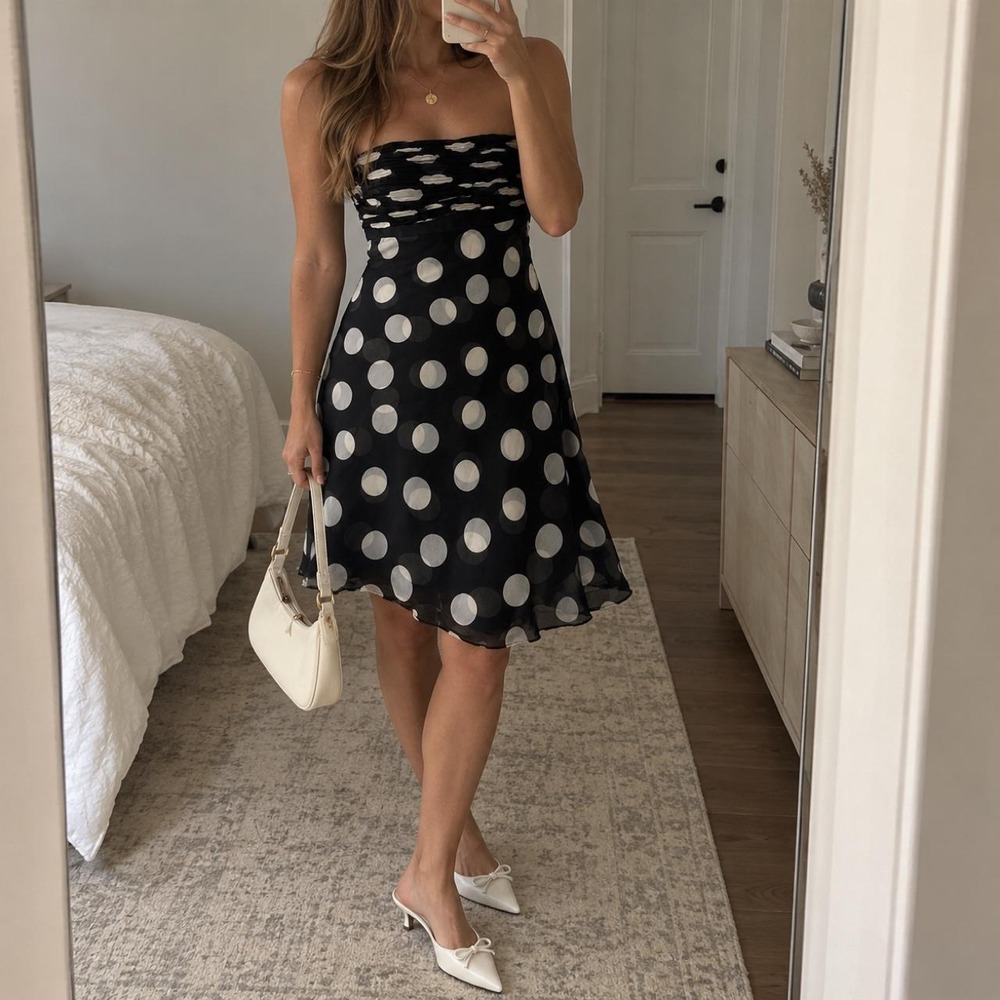 Silk Polka Dot Dress Y2K Ann Taylor size 2 petite black silk dress